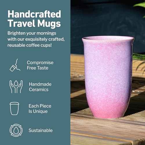 Image of NOVA CERAMICS Coffee Travel Mug - Cup Holder Friendly Travel Mug- Microwave & Dishwasher Safe White & Purple Tumbler - Coffee Mug Fits In Cup Holder - 12oz - Astral Bloom
