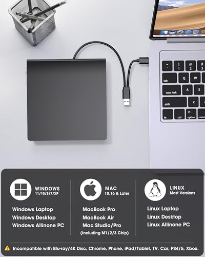 Image of ROOFULL External CD DVD Drive with Extra Power Cable for Laptop, Ultra Slim USB 3.0 Type-C Portable CD DVD Optical Disc Drive Reader Writer Burner Player for PC MacBook Windows 11 /10 /7 Mac Linux OS