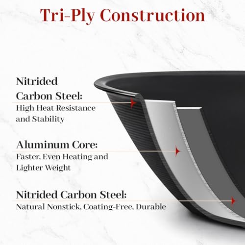Image of Tri-Ply Clad Nitrided Carbon Steel Frying Pan, 9.5 Inch | Pre-seasoned surface, lightweight design, enhanced rust resistance, easy food release, induction compatible