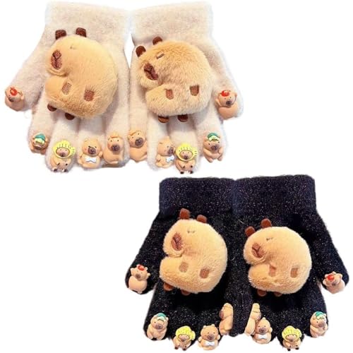 2 Pair Capybara Plush Gloves Children Winter Gloves 3D Capybara Plush Gloves Five Finger Cold-Proof Gloves for Winter Outdoors