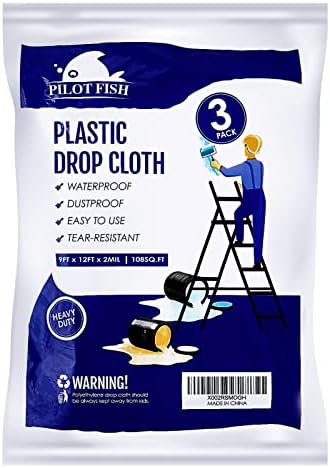 PILOT FISH 2 Mil Plastic Drop Cloth for Painting, Plastic Sheeting 3 Pack 9x12 Feet Waterproof Drop Cloth Heavy Duty Thick Traps Clear Cloth for Furniture Cover, Dustproof Tear Resistance Couch Cover