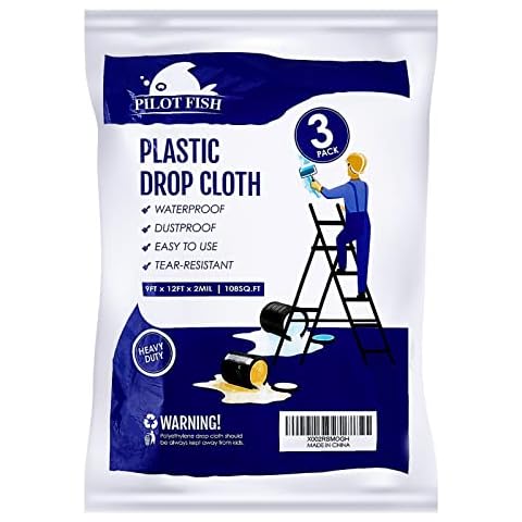 PILOT FISH 2 Mil Plastic Drop Cloth for Painting, Plastic Sheeting 3 Pack 9x12 Feet Waterproof Drop Cloth Heavy Duty Thick Traps Clear Cloth for Furniture Cover, Dustproof Tear Resistance Couch Cover Cover