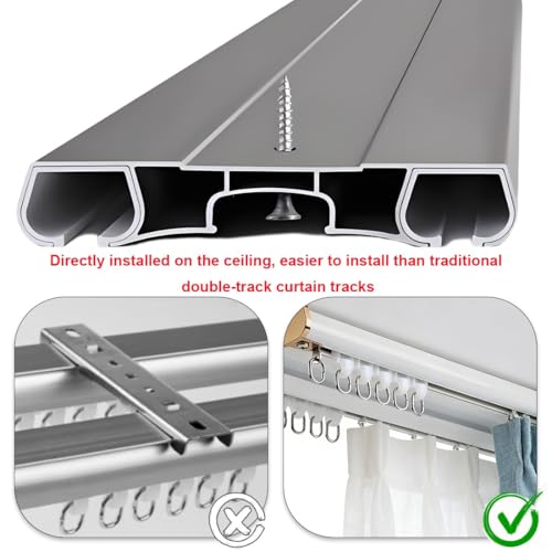 Miniatura 4 de Riel Techo Para Cortinas Doble, Riel De Cortina Techo Corredera, Barra De Separador Doble Para Habitación, Comedor, Salon, Puertas, Aluminio, Silencioso Blanca,240cm 7.9ft