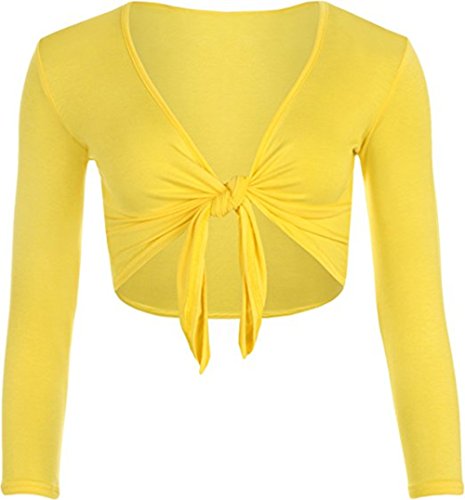 Tie Knot Up Shrug Front Cropped Bolero Shrugs Cardigan Wrap Women's Ladies Long Full Sleeve Open Top Yellow-S/M