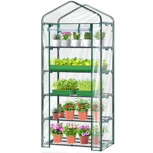 Mini Greenhouse for Outdoors Indoor: Ohuhu Small Plants Green House with 5 Tier Shelves, Portable Plastic Greenhouses with Heavy Duty Transparent PVC Cover for Garden Patio Backyard Porch Balcony