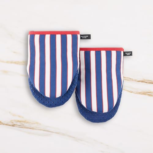 Image of kate spade new york Botanical Stripe Mini Oven Mitt 2-Pack Set, 5.5 inch x 8 inch, Navy Blue /Red