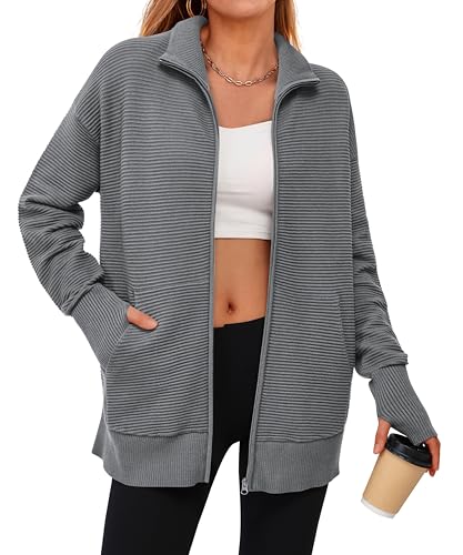 Image of PRETTYGARDEN Womens Long Sleeve Zip Up Ribbed Cardigan Sweaters