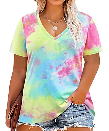 Image of RITERA Women Plus Size Tops Tie Dye V Neck Shirt Floral Camo Summer Short Sleeve Tunic Oversized Ladies Blouse XL-5XL
