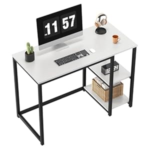 SINPAID Computer Desk 40 inches with 2-Tier Shelves Sturdy Home Office Desks with Large Storage Space Modern Gaming Desk Study Writing Laptop Table, White Desk