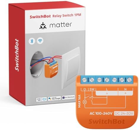 SwitchBot Matte Relay Switch 1PM, WiFi Switch Compatible with Alexa/Apple Home/Google Home, Power-Measuring Relay Switch Module with Integrated Bluetooth Repeater, Bluetooth & Wi-Fi 2.4 GHz, 16 A