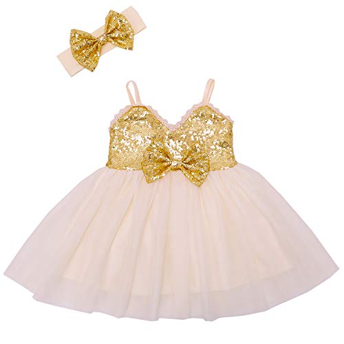 Cilucu Baby Girl Sequin Tutu Dress Flower Girl Dress Kids Wedding Princess Dress Child Birthday Party Gown Sparkle Spaghetti Strap Dress Christmas Halloween Gold Off White 6-12 Months