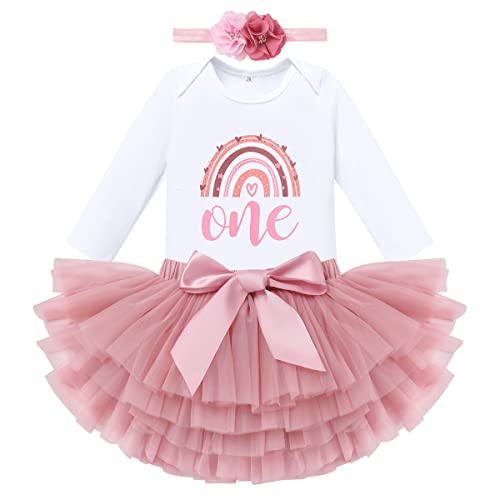 Neonato Primo Compleanno Bimba Abito Arcobaleno Maniche Corte Alfabeto Stampa Pagliaccetto+Tulle Gonna Tutu+Corona Fascia per Capelli 3 Pezzi Set Principessa Battesimo Vestito Polvere sporca+corona 1Y