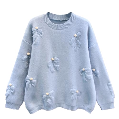 Women's Cute Bow Slouchy Pullover Sweater Fall/Winter Solid Loose Crewneck Long Sleeve Crochet Knitwear Going Out Top Jumper