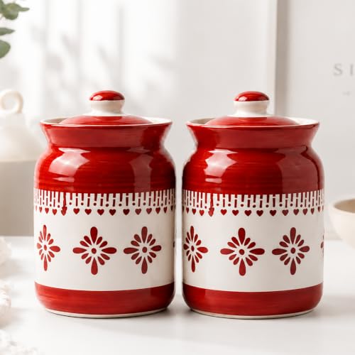 Image of D'Maiolica Ceramic Handmade Pickle Jars in 1000ml (set of 2) | Floral Bale 1 kg Achaar Martban | Ceramic Jadi for Kitchen Storage (Set of 2) | Jars for Achar, Spices, Salt (Royale Red Heartline)