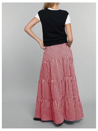 MakeMeChic Women's Plaid Maxi Skirts A Line Ruffle Tiered Layer Y2K Flowy Casual Long Skirts3
