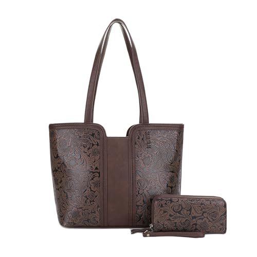 JESSIE & JAMES | Cassidy Tooled Women Concealed Carry Tote Bag with Lock and Key, Top Handle Shoulder Bag with Wristlet Coffee
