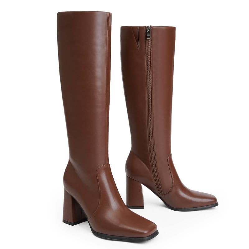 Image of QIY Knee High Boots Women Chunky Heel Square Toe Tall Boots Women Heeled Size Zipper Long Boots
