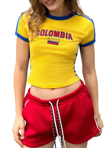 SHENHE Women's Vintage Y2k Graphic Tee Fitted Short Sleeve Colombia Jersey Crop Top Tshirt