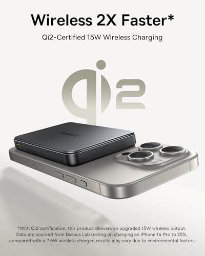 Baseus Magsafe Powerbank, Qi2-gecertificeerde Magnetische Power Bank 10000mAh, 15W Draadloze Externe Batterij, Mini Powerbank USB-C PD 22.5W Snel Opladen, Power Bank voor iPhone 16/15/14/13, Zwart - Afbeelding 3