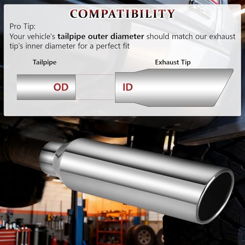 Image of 2PCS Exhaust Tip 2.5 inch Inlet 4 inch Outlet 17 inch Long, High Performance Stainless Steel, Rustproof Polished Finish, Rolled Angle Cut, Bolt-On Diesel Tail Pipe, Universal for Car Truck