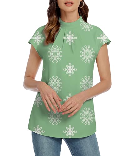 Image of Funlingo Womens Summer Tops Mock Neck Short Cap Sleeve Blouses Business Casual Work Chiffon Shirts Front Pleated Tunic Top