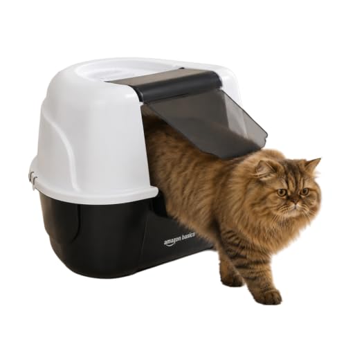 Image of Amazon Basics No-Mess Enclosed Cat Litter Box | Large Covered Litter Tray with Privacy Hood | Easy Clean Cat Washroom for Indoor Cats | White + Black | 44 X 50 X 60 cm