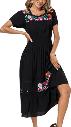 Image of Women's Summer Maxi Dress Casual Floral Embroidered Round Neck Short Sleeve Ruffle Tiered Dress Flowy Boho Beach Sundress