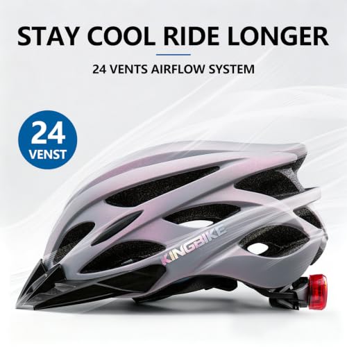 Image of KINGBIKE Bike Helmet with USB Rechargeable Light & Replacement Pads & Visor (Gray Neon Pink, M(52-56CM))