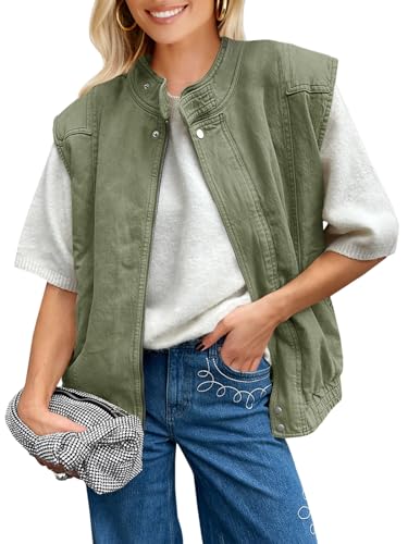 Tankaneo Womens Denim Vest Casual Zip Up Jean Vest Tops Utility Cargo Oversized Sleeveless Jacket