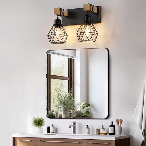 Farmhouse-Vanity-Light-for-Bathroom-2-Light-Wood-Bathroom-Vanity-Light-Fixtures-Over-Mirror-Rustic-Sconces-Wall-Lighting-with-Metal-Lampshade-for-Living-Room-Bedroom-Hallway Farmhouse Vanity Light for Bathroom 2 Light Wood Bathroom Vanity Light Fixtures Over Mirror Rustic Sconces Wall Lighting with Metal Lampshade for Living Room Bedroom Hallway
