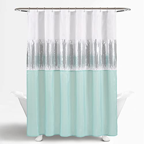 Lush Decor Night Sky Shower Curtain Sequin Fabric Shimmery Color Block Design For Bathroom, 72" X 72", White & Blue #TOP5
