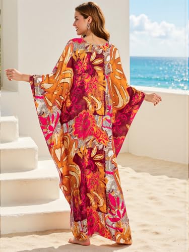 Image of IMAGEKOPE Women's Plus Size Animal Print V-Neck Batwing Kaftan Beach Dress Bathing Suit Cover-Up Loungewear