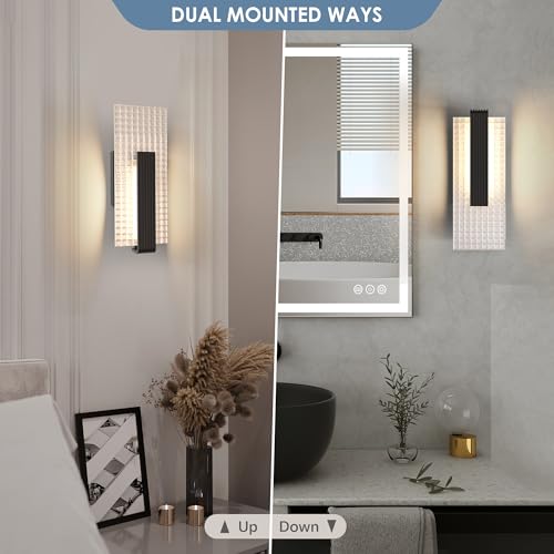 Image of Hyunbae Modern LED Wall Sconces Up and Down Wall Mount Light Black, 3000K Indoor Light Fixtures with Frosted Glass Bathroom Vanity Lights Dimmable Lighting Lamp for Home Stairway Hallway Bedoom