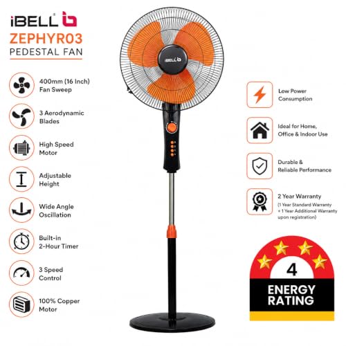 Image of IBELL Zephyr03 Pedestal Fan, 400mm (16 Inch), High-Speed 3-Blade Motor, Built-in Timer, Adjustable Height, Powerful Air Delivery, 2-Year Warranty, Orange