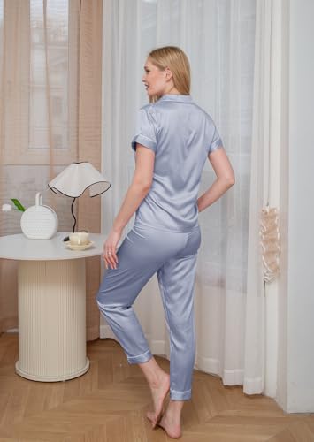 Image of WJing Yi Jia Womens Pajamas Set XS-4XL Floral Silk Satin Pajama Sets Silky Pj Sets 2Pcs Loungewear Sleepwear Button Down Pjs