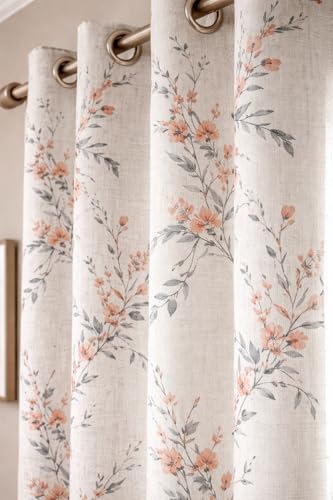 Image of THE LINEN COMPANY Cotton Sheer Printed Curtain for Window Bedroom and Living Roonm Home dcor Set of 2 (05 Feet,Coral Leaf)