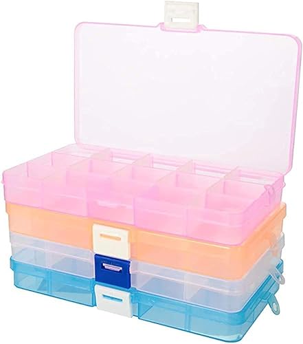 Paquete de 4 organizadores de joyas, caja de almacenamiento de plástico de 15 rejillas, compartimentos ajustables, organizador surtido de joyas,