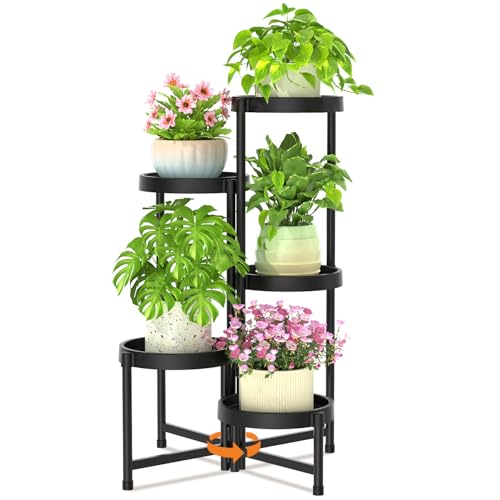 VASZOLA 5-Stufiger Zusammenklappbarer Pflanzenständer für den Innenbereich für Mehrere Große Pflanzgefäße, Hohes, Robustes, Verstellbares Gestell mit Rostfreien Kunststoffregalen für Schmale, Schwarze
