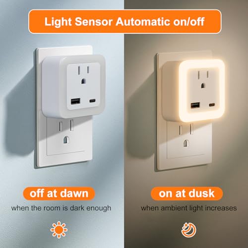Image of JackonLux Night Lights Plug Into Wall 4 Pack Rechargeable Battery Backup Light Dusk to Dawn Sensor Night Light with Outlet Expander for Adults Kids Bedroom, Kitchen, and Bathroom