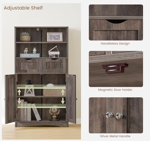 Image of Iwell Tall Storage Cabinet with 2 Drawers & Adjustable Shelf, Bathroom Cabinet with Doors, Kitchen Pantry Storage Cabinets, Cupboard for Living Room, Dining Room, Entryway, Rustic Gray