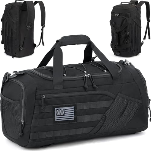 Image of 3-in-1 Tactical Gym & Travel Duffle Bag Backpack Men Multi-Functional 45L Military Sports Duffle Bag with Shoe Compartment & Wet Pocket for Workout Weekender Overnight Bag with Molle Webbing, Black