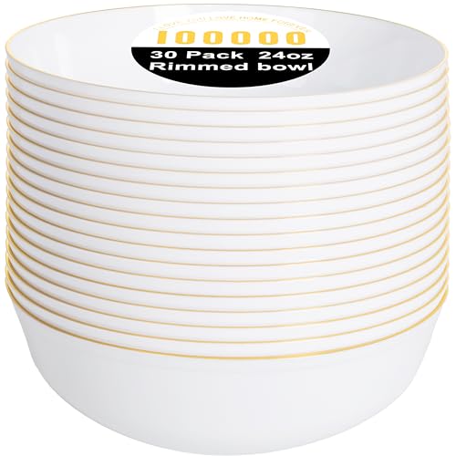 I00000 30 Pack White Plastic Bowls with Gold Rim,16-24oz Disposable Soup Bowls,Premium Heavy Plastic Serving Bowls Ideal for Salad, Soup,Noodles