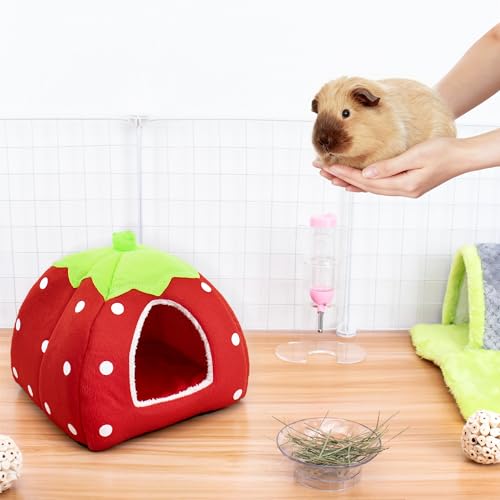 Kuschelsack Meerschweinchen Höhle Waschbar Kaninchen Kuschelhöhle Kuschelig Winter Gemütliches Kleintierbetten für Zwergkaninchen (Erdbeeren)