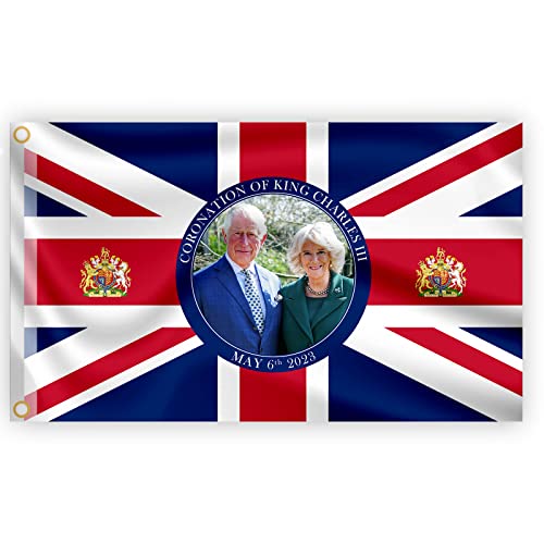 Large 5x3FT Union Jack Flag New King Charles III Queen Consort Camilla British Monarch Sovereign Coronation Celebration Britain Flag Garden Street Pub Outdoor Decorations