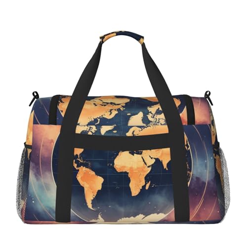 World Map Print Travel Duffle Bag - Foldable Personal Item Travel Bag for Women & Men,Carry-On Convertible Crossbody Tote Bags with Adjustable Shoulder Strap & Pockets 13x10.2x19.7 in2