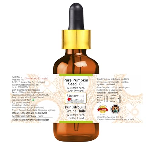 Image of Greenwood Essential Pure Pumpkin Seed Oil (Cucurbita pepo) with Glass Dropper | Cold Pressed | Natural | Undiluted | For Diluting Essential Oils | For Hair, Skin & Massage | Men & Women | 50ml