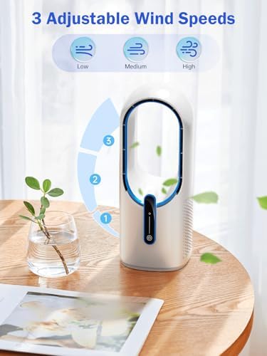 Misby Desk Fan, 11.8 Inch Portable Bladeless Table Fan, 3 Adjustable Speeds, Small Office Rechargeable Fan, Touch Control, Easy to Clean, Quiet Bladeless Fan for Bedroom, Home (White) - 1