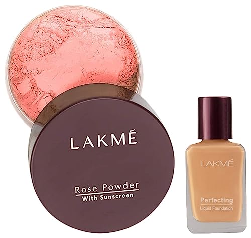 Image of LAKME Rose Loose Matte Face Powder for Oily Skin Type 40 G & Perfecting Light Liquid Foundation, Coral, 27 Ml