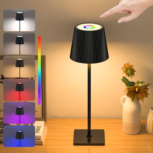 TRUMPETS Lampe de Table LED Sans fil RGB, USB Rechargeable Lampe de Bureau avec Batterie 4800mAh, Dimmable Tactile avec 3 Modes de Couleur Hauteur Réglable Métal pour Chevet, Exterieur Terrasse