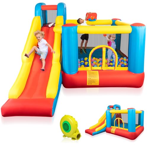VALUE BOX Inflatable Bounce House with Slide, Bouncy Castle with Blower for Kids w/Large Bounce Area and Long Slide, Suitable for Birthday and Holiday Party, Perfect for Indoors and Outdoors
